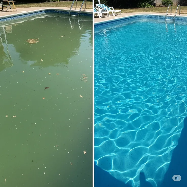 A visual comparison of cloudy pool water transforming into sparkling clear water, demonstrating the transformative effect of a powerful and effective best pool pump.