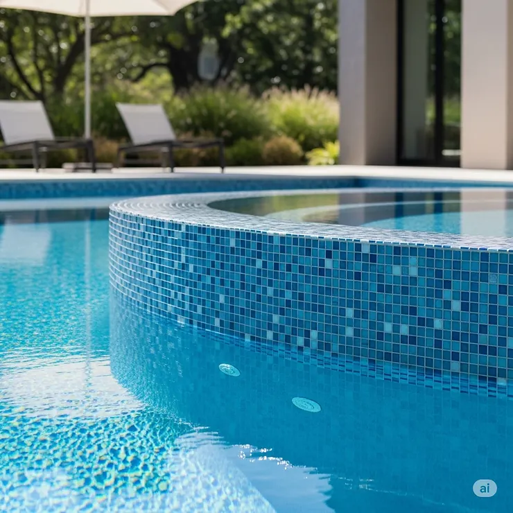 Stunning blue mosaic pool waterline tile design reflecting sunlight, enhancing the aesthetic appeal of a modern swimming pool.