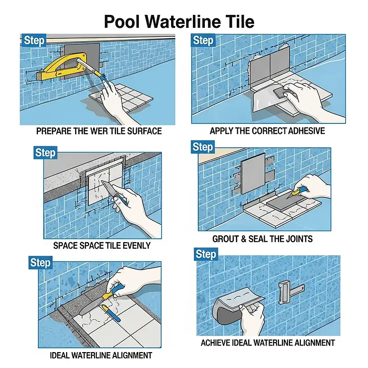 Step-by-step diagram illustrating the proper installation process for pool waterline tile, ensuring a durable and attractive finish.