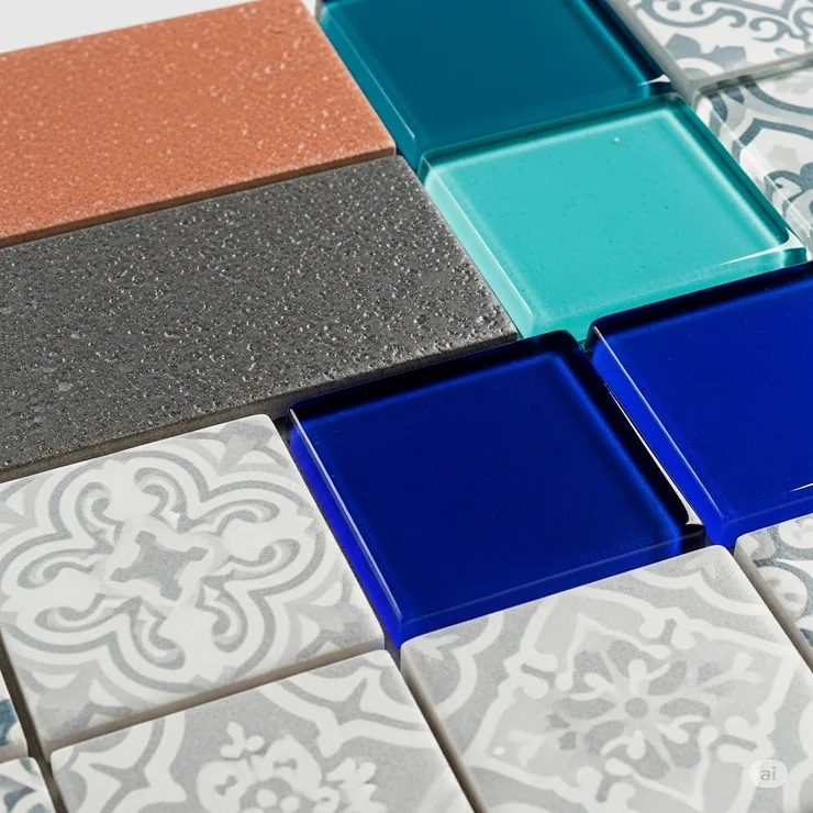 Close-up of various pool waterline tile materials including ceramic, glass, and porcelain, showcasing their textures and colors.