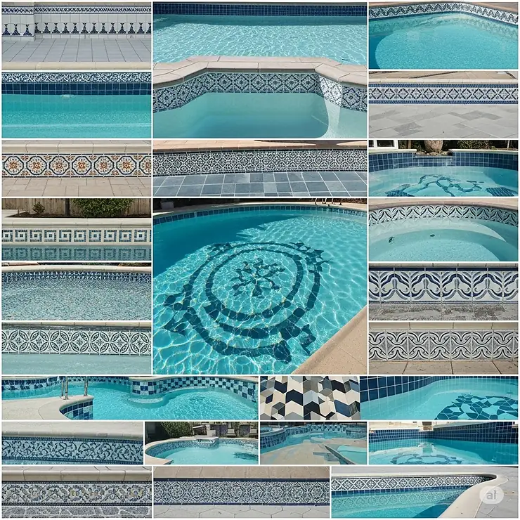Collection of diverse pool waterline tile patterns and designs, from classic to contemporary, offering aesthetic inspiration for pool owners.