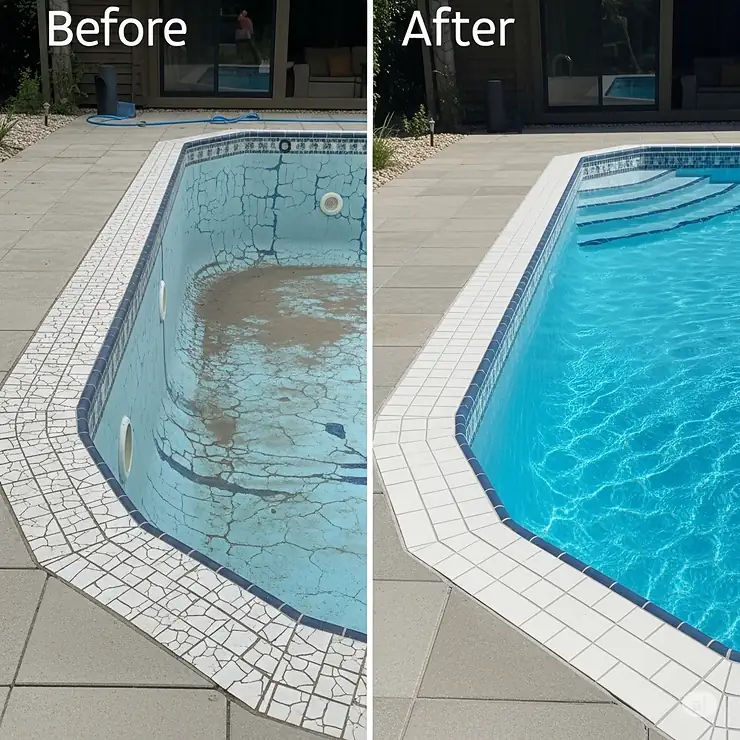 Before and after comparison demonstrating the transformative effect of new pool waterline tile replacement on an aging swimming pool.