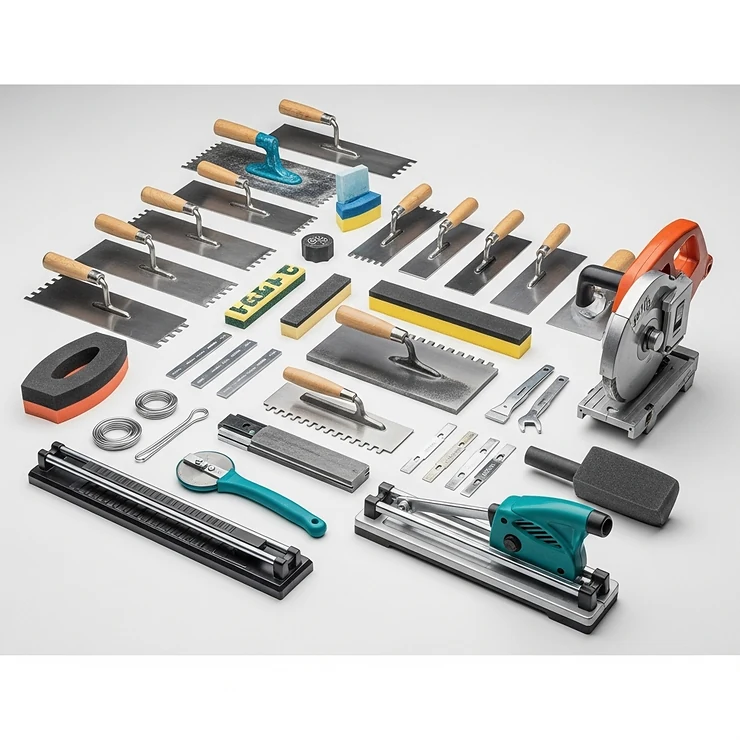 Essential tools for pool waterline tile repair and installation, including trowels, grout floats, and tile cutters.