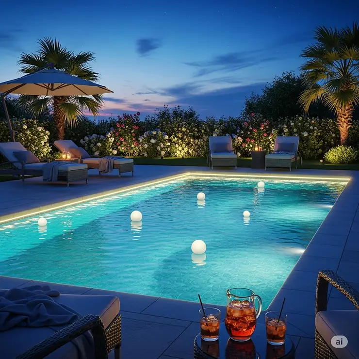Elegant LED pool lights, enhancing the ambiance around the swimming pool, an excellent gift for creating a relaxing outdoor atmosphere.