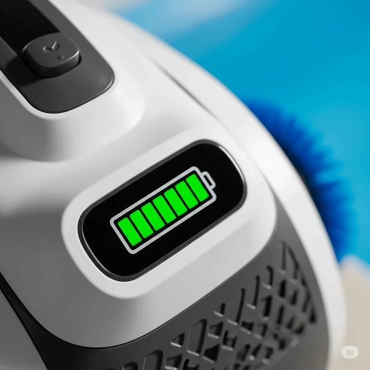 A close-up of a portable swimming pool vacuum's battery life indicator, providing visual feedback on remaining power during cleaning sessions.