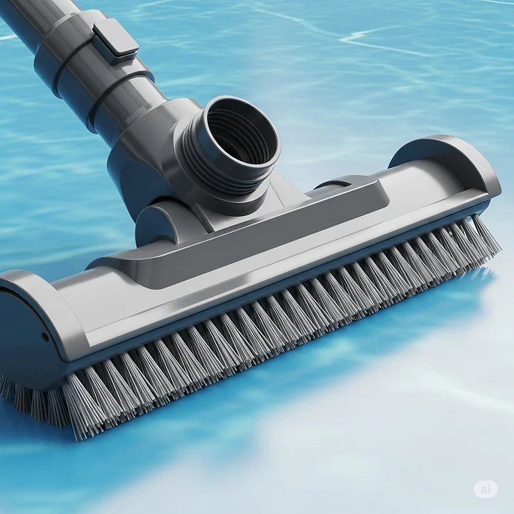 Close-up view of a portable swimming pool vacuum's brush head, demonstrating its bristles and suction port designed for effective debris capture.