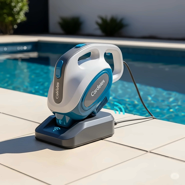 A portable pool vacuum unit securely placed on its charging dock, highlighting the convenience of cordless operation for various pool sizes.