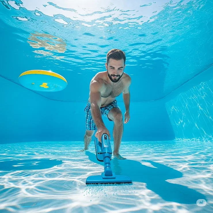 A person efficiently cleaning the bottom of a sparkling blue swimming pool with a compact, handheld portable vacuum, showcasing its ease of use for quick debris removal. portable vacuum for swimming pool