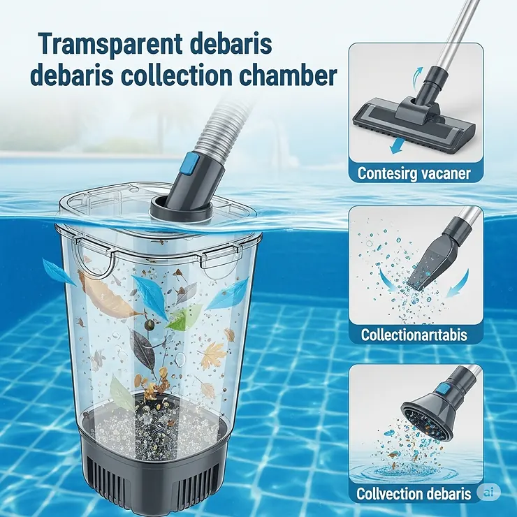 An illustration of a portable swimming pool vacuum's transparent debris collection chamber, showing captured leaves, dirt, and small particles for easy disposal.