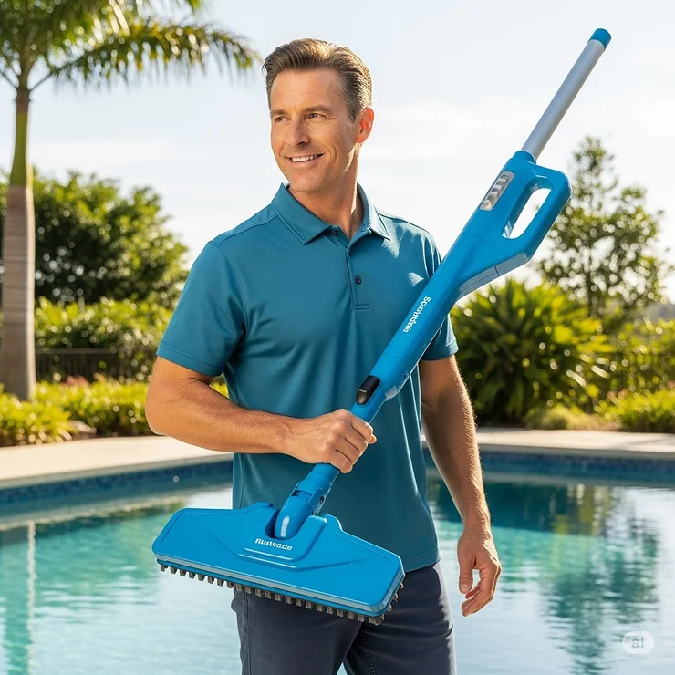 A person effortlessly holding a portable swimming pool vacuum, emphasizing its lightweight and ergonomic design for comfortable and extended use.