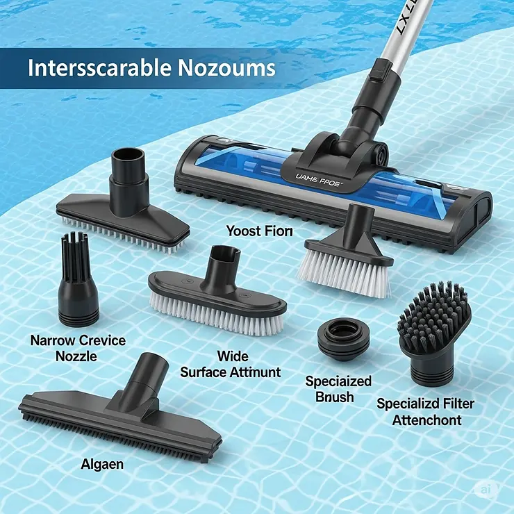 A display of various interchangeable nozzle attachments for a portable swimming pool vacuum, illustrating versatility for different cleaning tasks and pool types.
