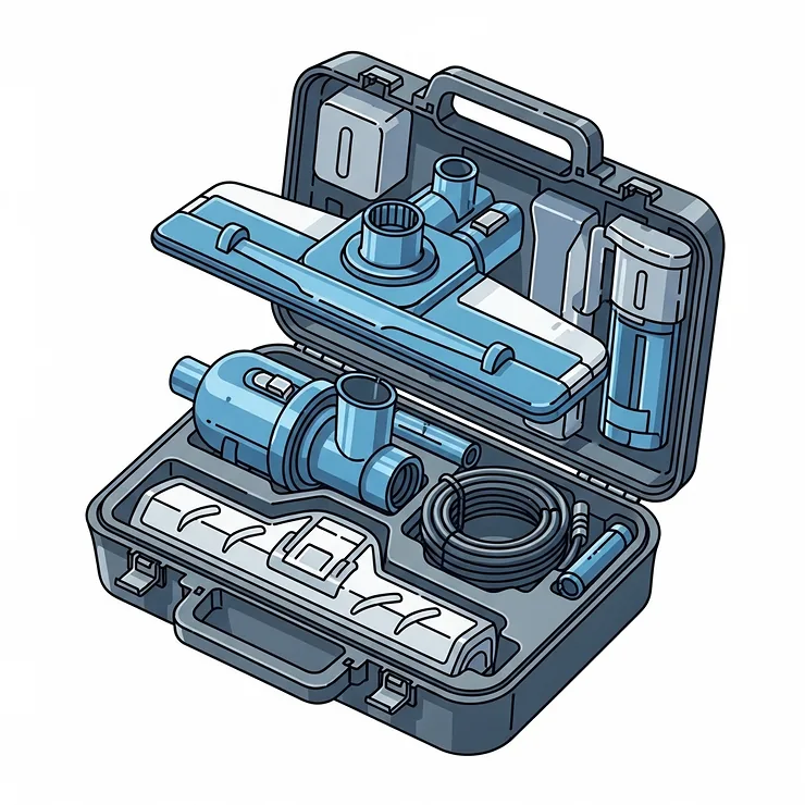 An illustration depicting a portable pool vacuum disassembled and compactly stored, highlighting its ease of transport and minimal storage space requirement.