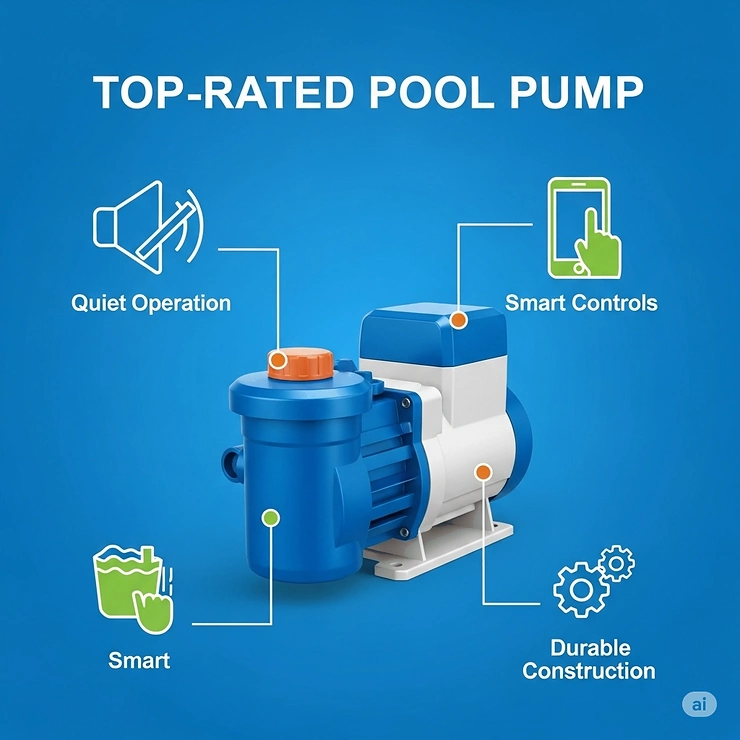 An icon-based graphic showcasing essential features of a top-rated pool pump, such as quiet operation, smart controls, and durable construction—qualities of the best pool pump.