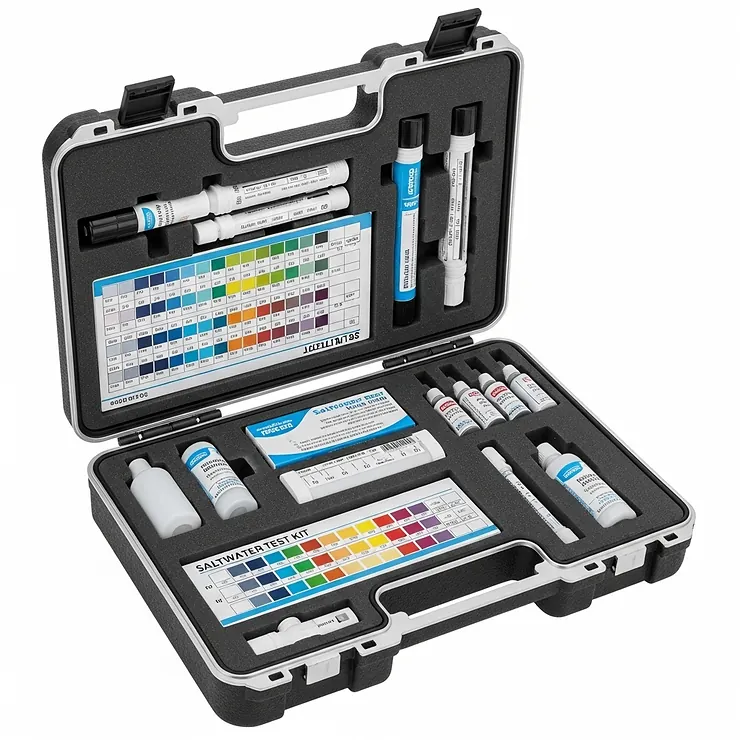 A neatly organized salt water pool test kit stored in its case, emphasizing proper storage for longevity and accuracy.