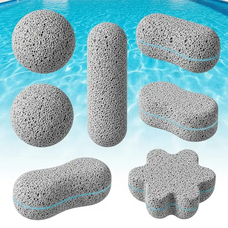 An illustration of various shapes of pumice stones specifically designed for pool cleaning, highlighting their porous texture.