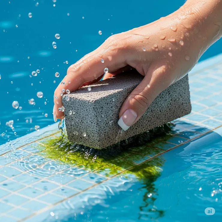 Close-up of a hand holding a pumice stone, effectively cleaning a stubborn stain from the side of a swimming pool.