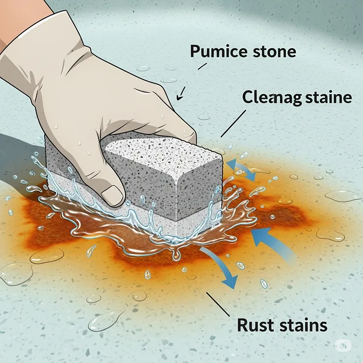 Detailed illustration of a pumice stone effectively lifting and removing rust stains from a concrete pool surface.