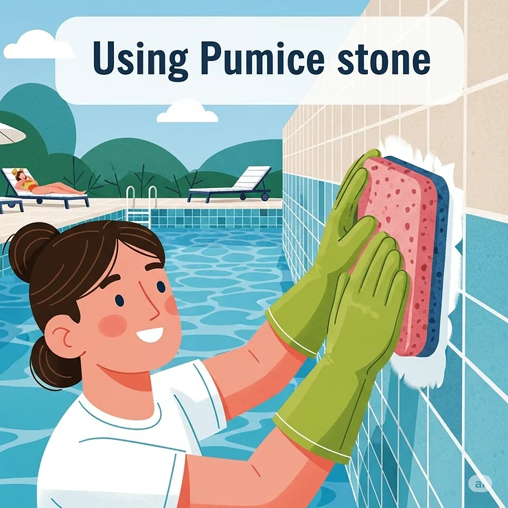 An illustration depicting proper safety measures, like wearing gloves, when using a pumice stone for pool cleaning.