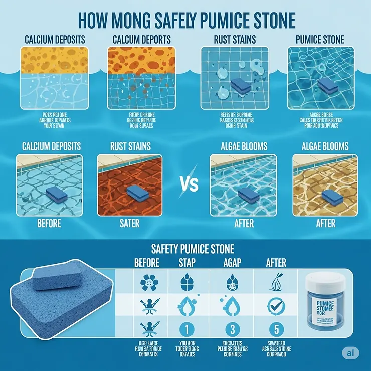 Infographic illustrating various common pool stains (calcium, rust, algae) that a pumice stone can safely remove.