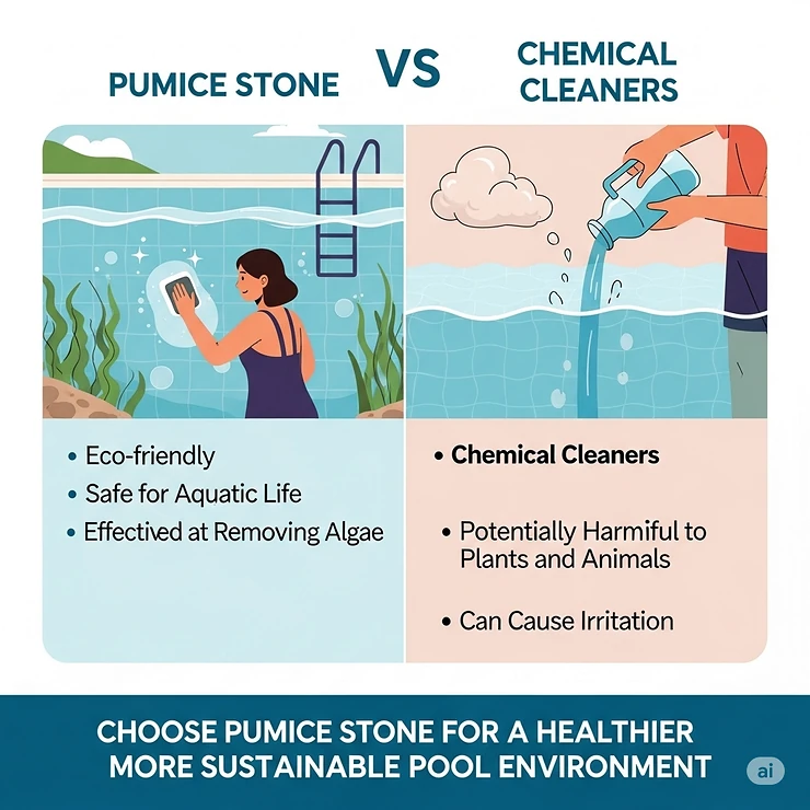 A comparison chart illustration highlighting the benefits of using a pumice stone for pool cleaning over harsher chemical alternatives.
