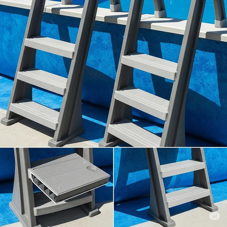 Smooth, durable resin pool steps for above ground pools, showcasing their weather-resistant material.