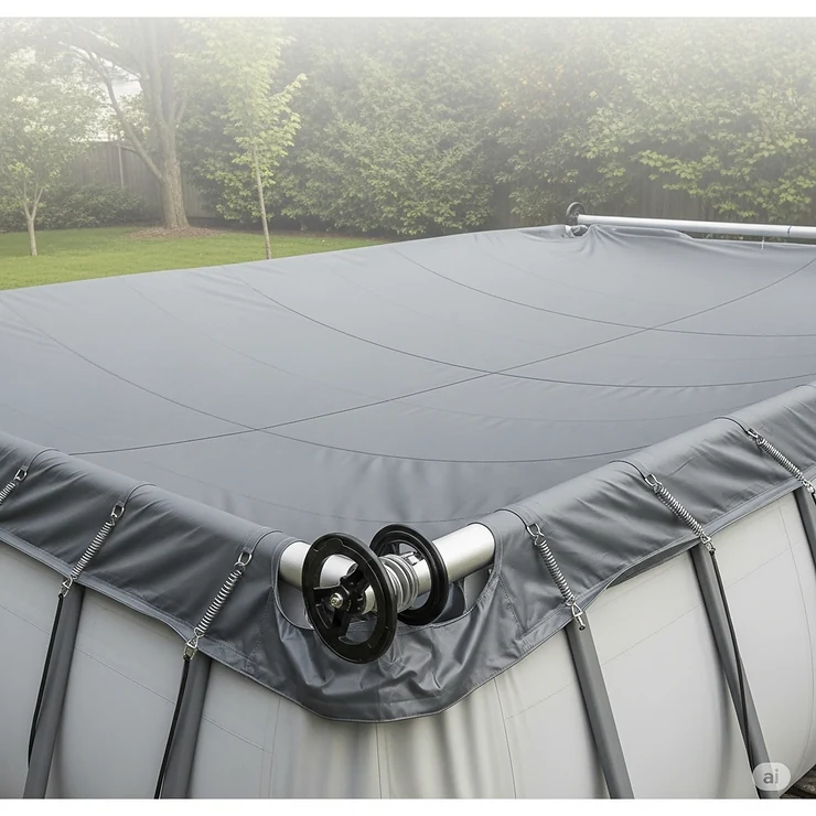 A sturdy, grey safety cover stretched tautly across a rectangular above-ground pool, anchored by springs, providing ultimate protection for children and pets, a crucial type of above ground pool cover.