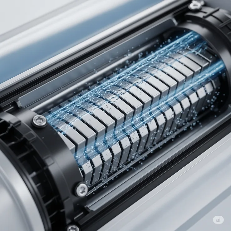 Close-up view of a high-efficiency salt chlorine generator cell, a key component for salt water pools.