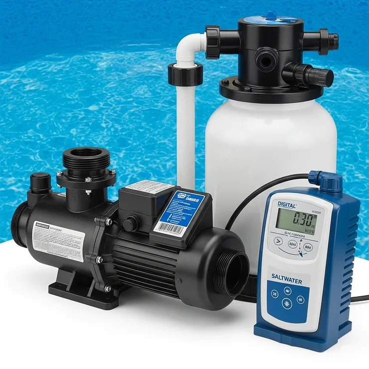 Essential equipment for a salt water above ground pool, including a pump, filter, and salt water chlorinator for efficient operation.
