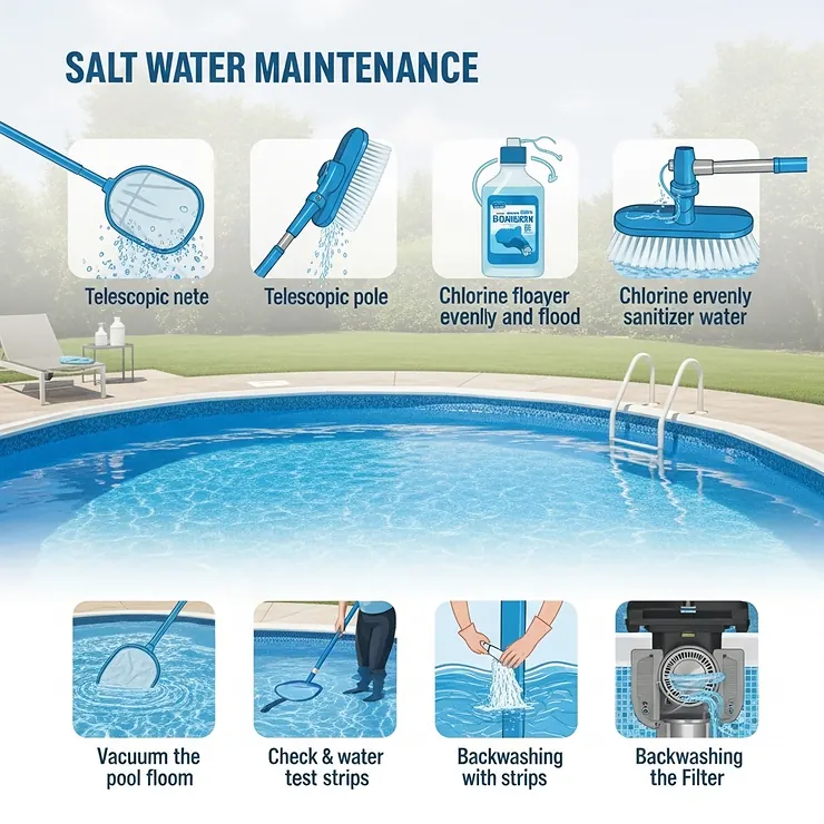 Visual guide illustrating simple and effective maintenance tasks for keeping a salt water above ground pool pristine.