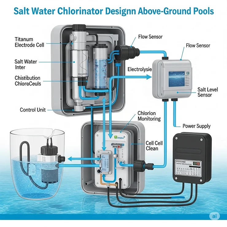 Detailed illustration of the internal components and operation of a salt water chlorinator designed for above ground pools.