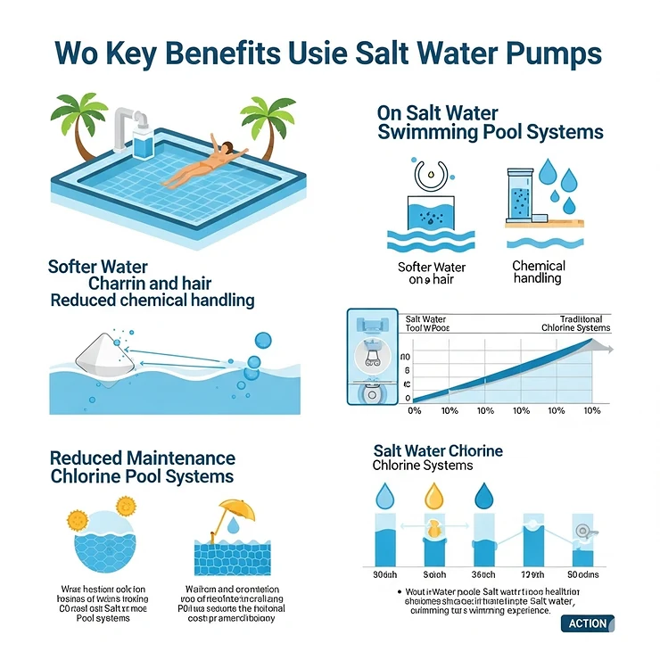 Infographic outlining the key benefits of using salt water pumps for swimming pools, including softer water and reduced chemical handling.