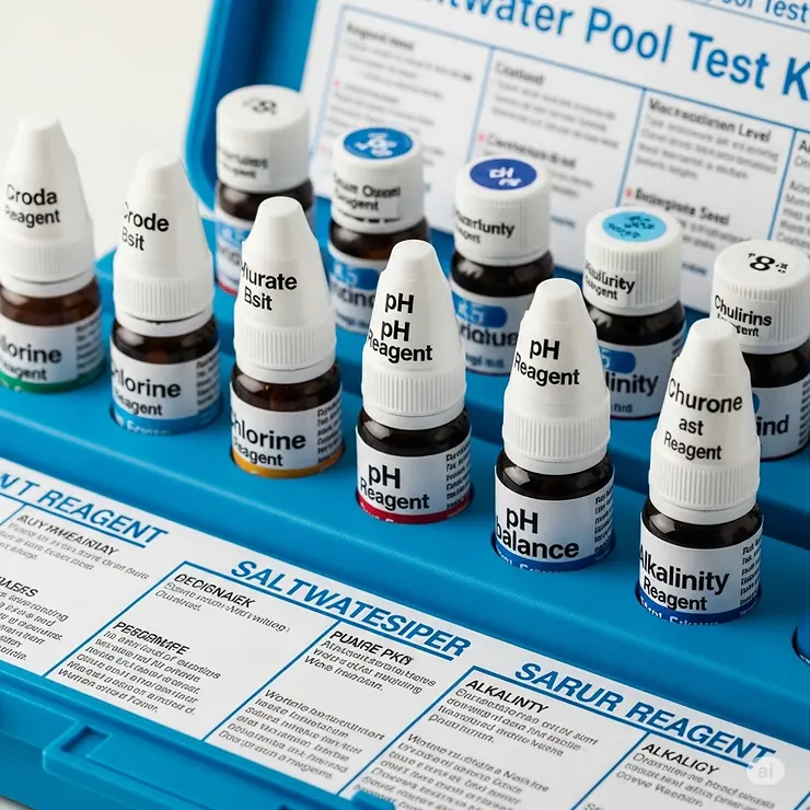 Collection of small bottles containing liquid reagents for a comprehensive salt water pool test kit, essential for accurate measurements.