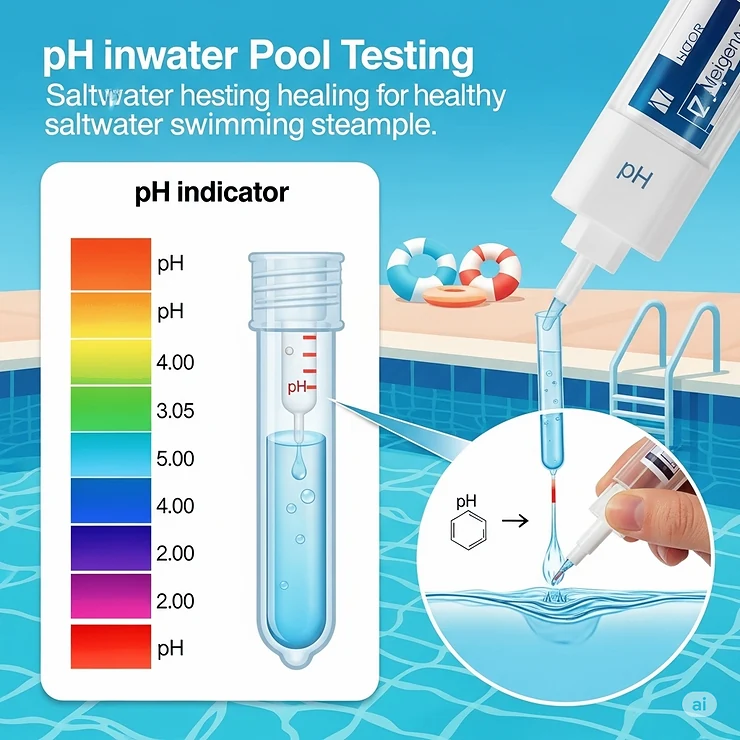 An illustration highlighting the importance of pH testing for salt water pools, with a focus on the pH indicator within a test kit.