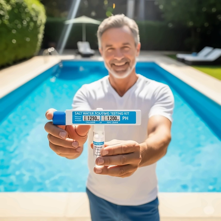A person holding a salt water pool test kit, with a sparkling blue pool in the background, demonstrating easy home testing for optimal water balance.