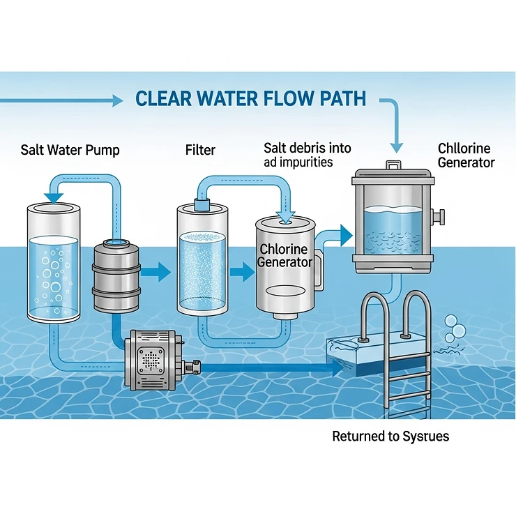 Diagram illustrating the clear water flow path through a salt water pump, filter, and chlorine generator for pool sanitation.