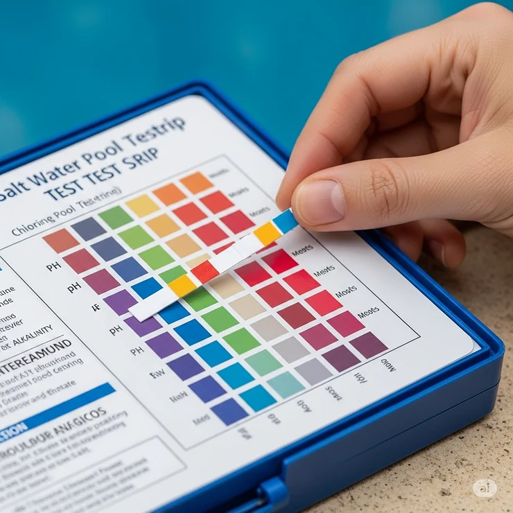 A hand comparing a completed salt water pool test strip to a detailed color chart from a test kit, identifying pool chemical levels.