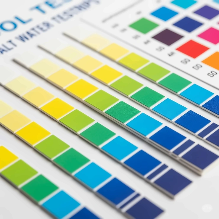 Close-up of salt water pool test strips showing various color results, ready for comparison against a testing chart.