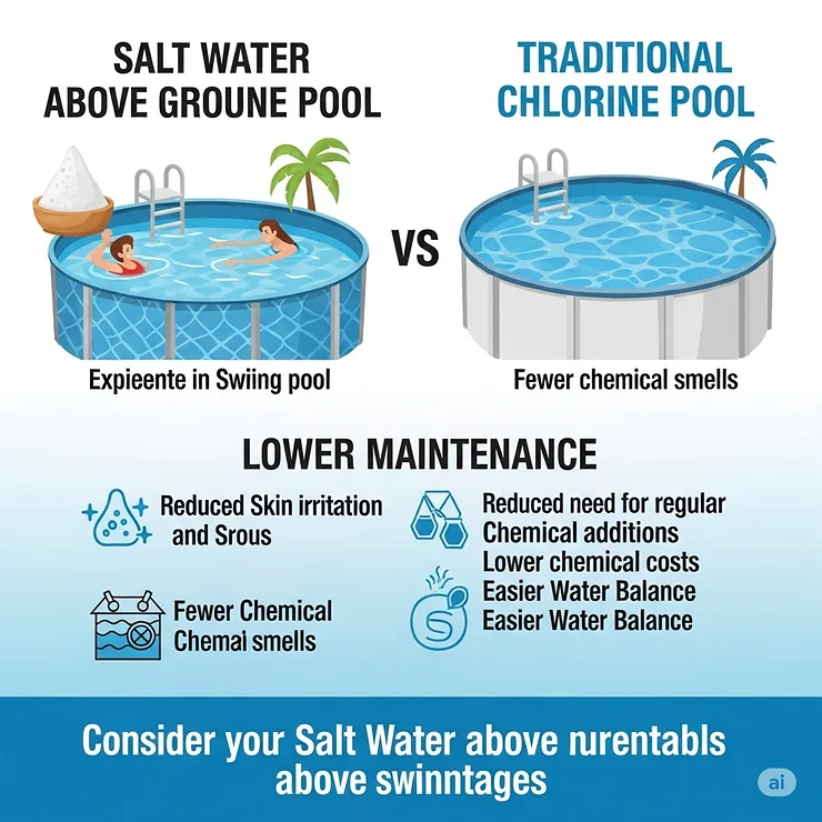 Infographic highlighting the benefits of a salt water above ground pool compared to a traditional chlorine pool, emphasizing comfort and lower chemical use.
