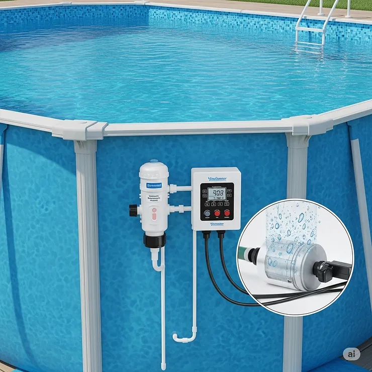 A close-up illustration of a salt chlorinator system, showing how it efficiently keeps the water clean in an above-ground saltwater pool.