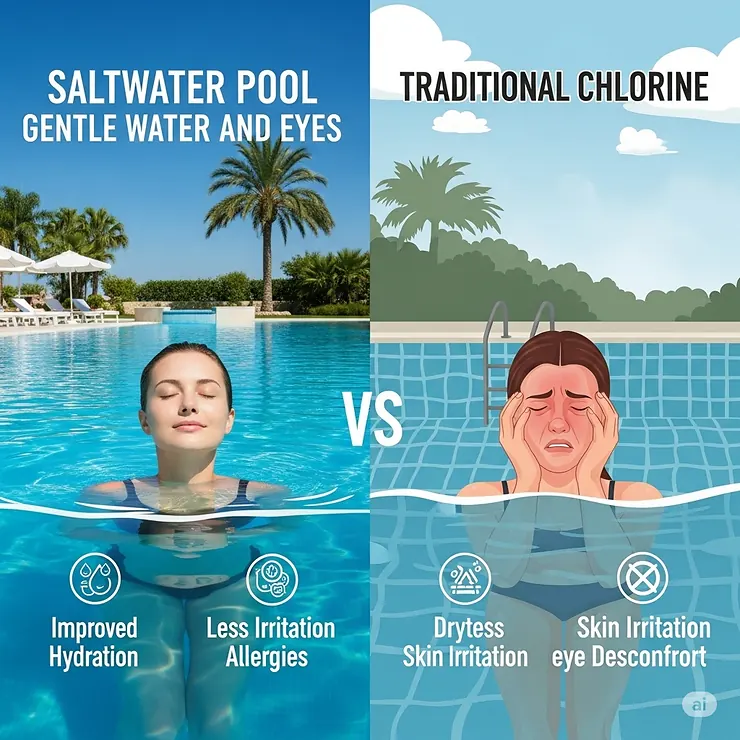 A side-by-side diagram comparing the benefits of a saltwater pools gentle water on skin and eyes versus the harshness of a traditional chlorine pool.