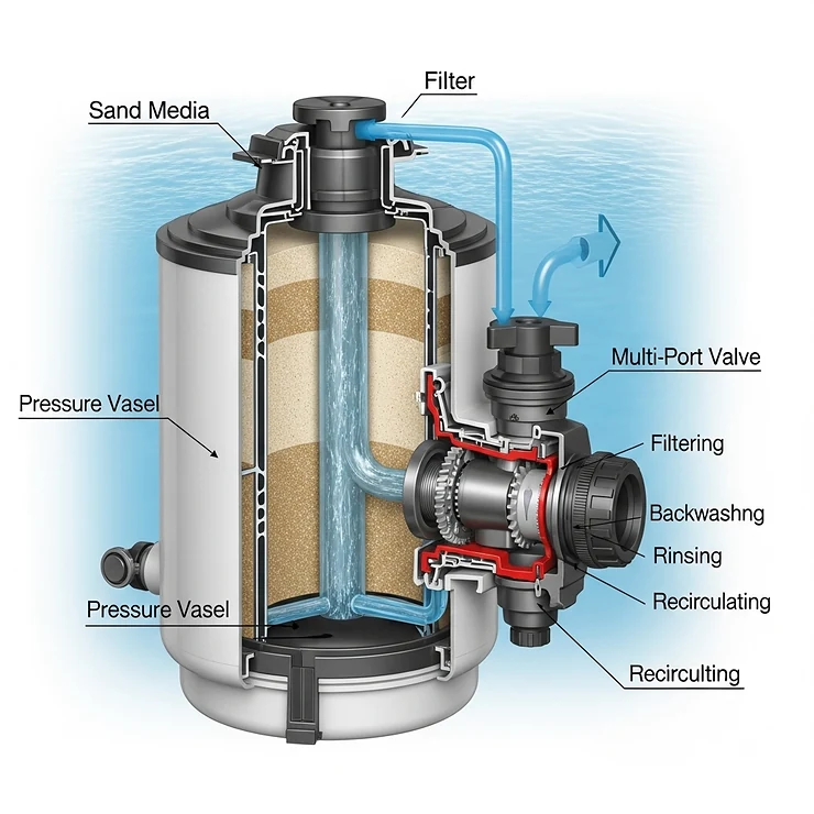 Diagram of a sand pool filter, a durable option often considered among the best pool filters for inground pools, detailing its internal components.