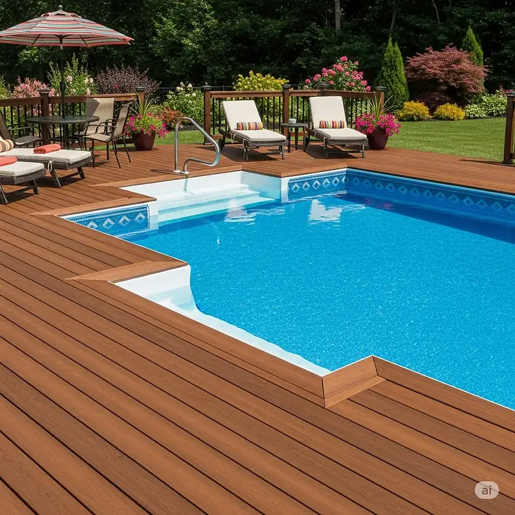 Stylish deck design for a semi-inground pool, blending the look of an inground pool with above-ground convenience.
