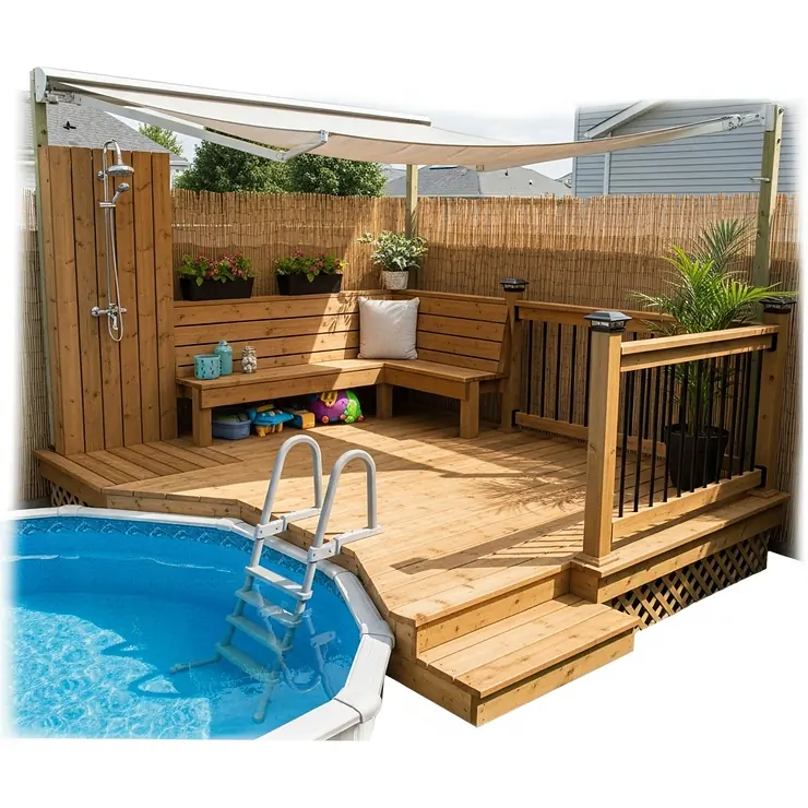 A compact and efficient deck solution for a small above ground pool, maximizing space and functionality.