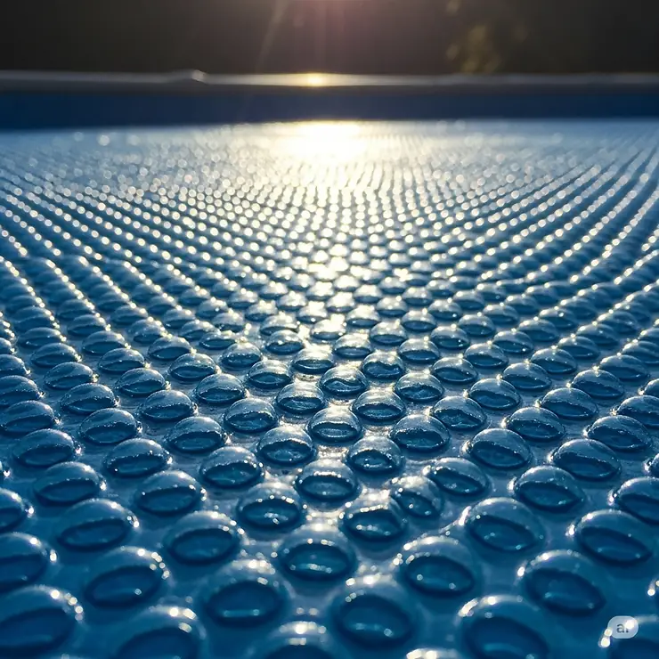 Close-up of a blue bubble solar cover for an above-ground pool, demonstrating its ability to absorb sunlight and warm the water, making it a top choice among above ground pool covers.