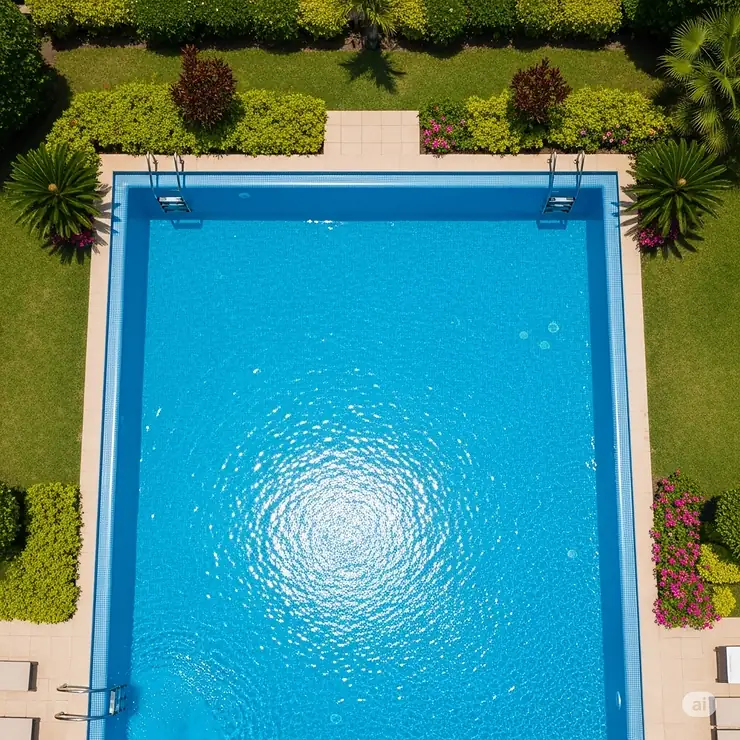 Stunning view of a sparkling clean swimming pool, showcasing perfectly maintained and spotless pool tiles.