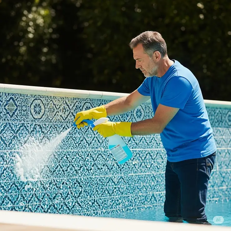Person wearing protective gloves, applying a spray-on pool tile cleaner to a pool's waterline.