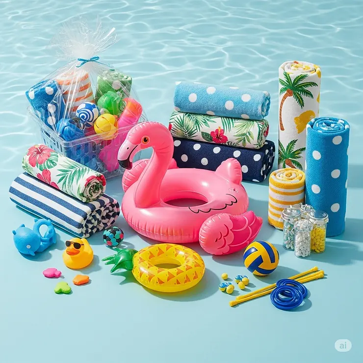 A vibrant collection of unique swimming pool gifts, including floats, towels, and pool toys, perfect for summer fun and relaxation.