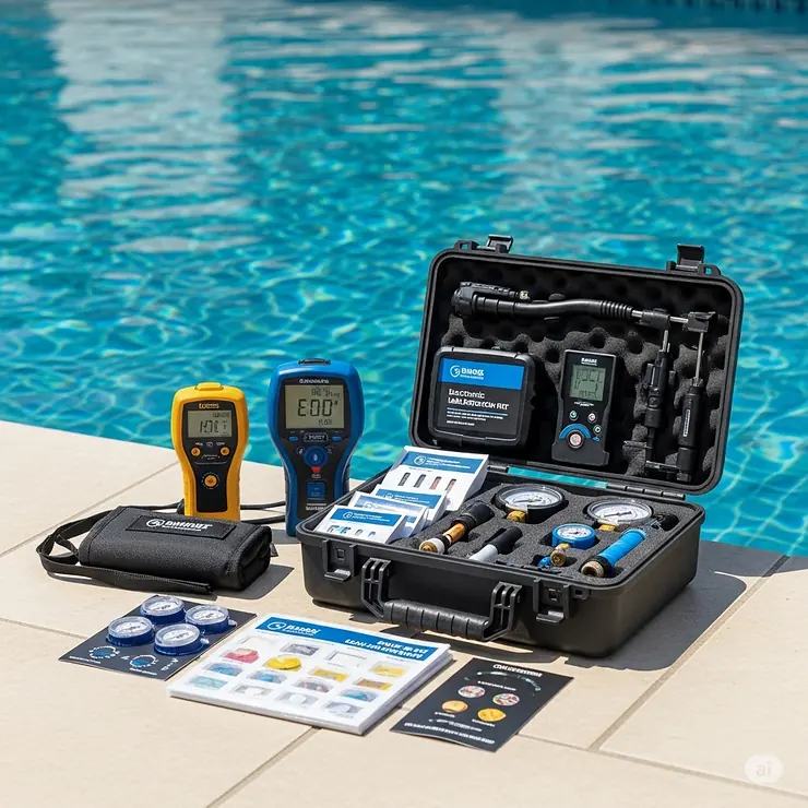 Comprehensive swimming pool leak detection kit displayed on a poolside, ready for accurate water loss identification.