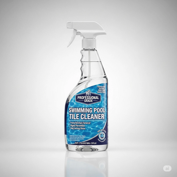 A clear image of a professional-grade swimming pool tile cleaner product bottle, highlighting its branding and key features for effective tile maintenance.