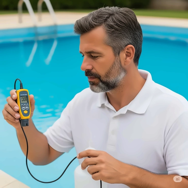 Person testing pool water for optimal liquid pool stabilizer levels to maintain chlorine efficacy.